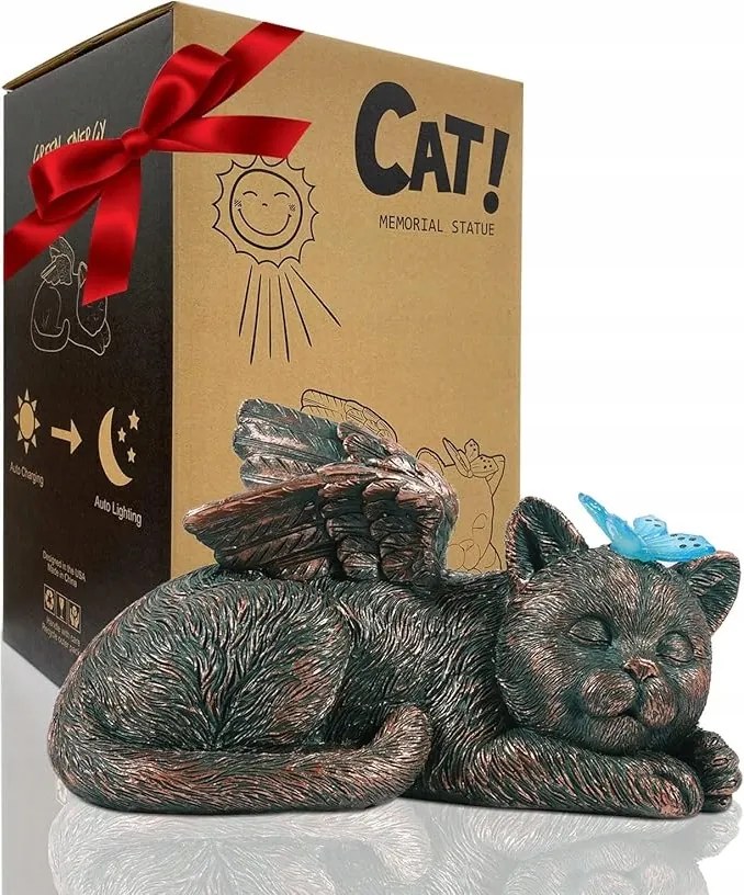 Dekoratív Figura Kertbe Cat Angel Solar Kültéri Pillangóval