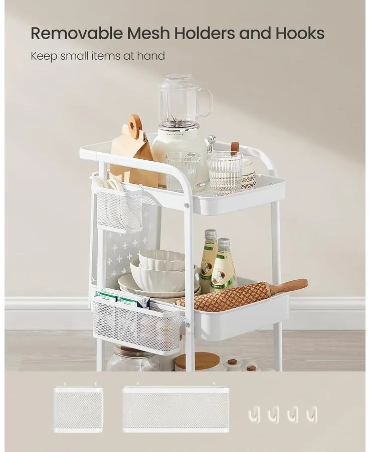 Tárolókocsi 3 fémhálós polccal fehér színben