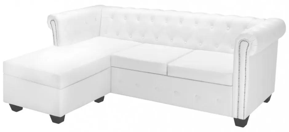 L-alakú, fehér műbőr chesterfield kanapé