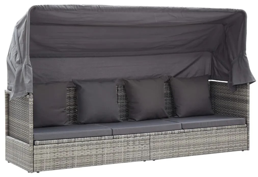 Szürke polyrattan kerti napozóágy tetővel