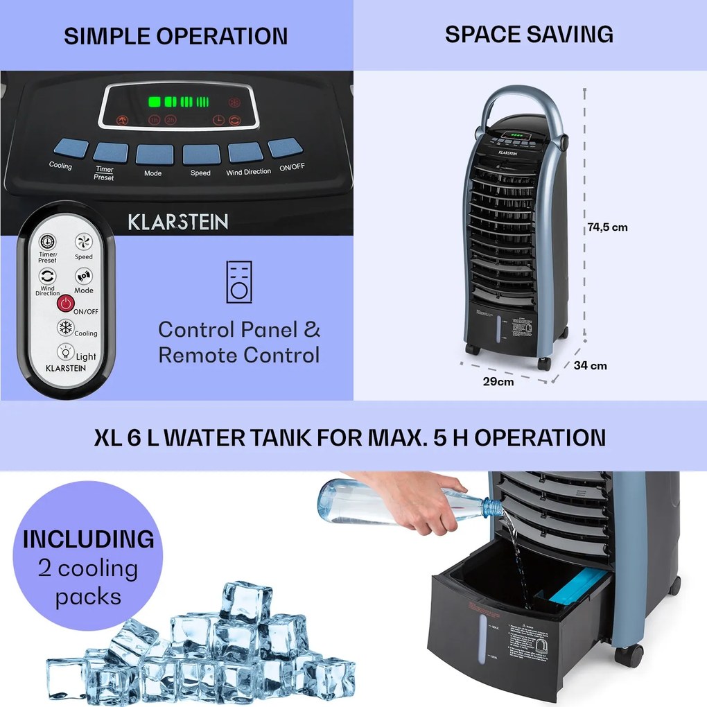 Klarstein Maxfresh, ventilátor, léghűtő, 3 v 1, 6L, 65W, távirányító, 2 x jégcsomag