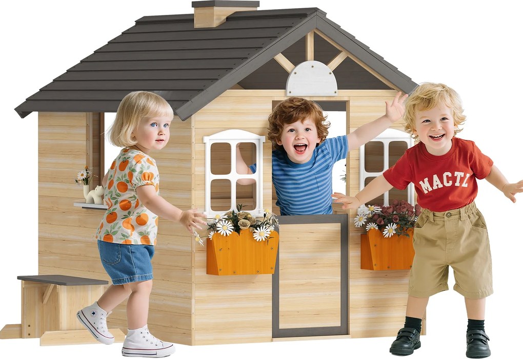 Outsunny Fa Játék Ház Gyermekeknek - Fából készült Kerti Játék Ház Ablakkal és Példánytartóval 3-7 Éveseknek, 113 x 94 x 134,5 cm | Aosom