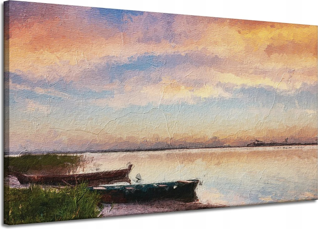 Vászonkép Olajfestmény Csónakok a parton 120x70 cm