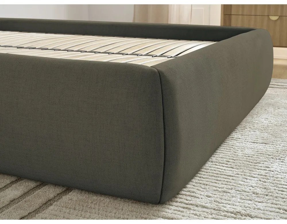 Sötétzöld kárpitozott ágyneműtartós-ágytámla nélkül franciaágy ágyráccsal 160x200 cm Inera – Bobochic Paris