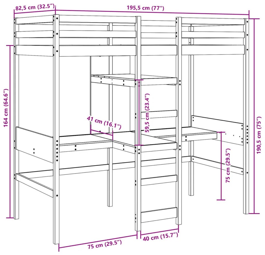 viaszbarna tömör fenyő galériaágy-keret matrac nélkül 75x190 cm