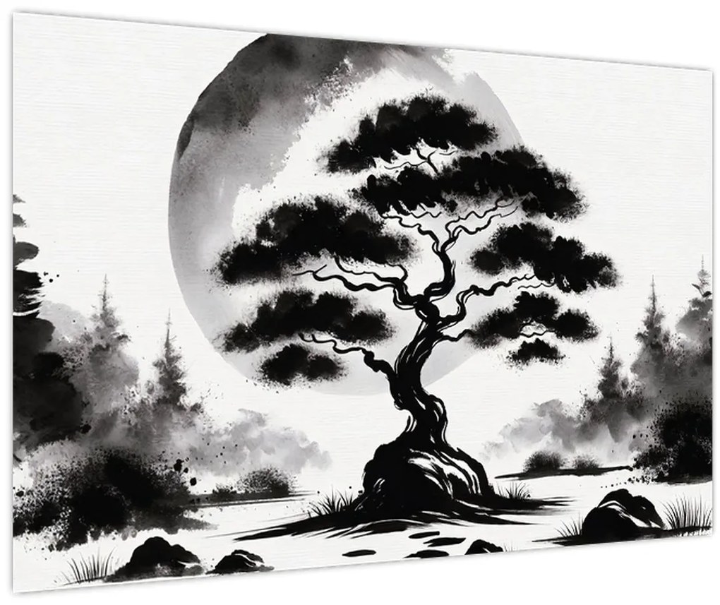 Kép – Fekete-fehér bonsai (90x60 cm)