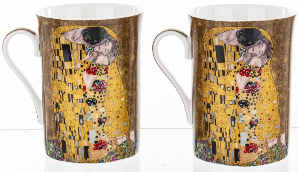 Porcelán 2db-os bögre szett Klimt a csók festményével díszdobozban 10,5x10,5x7,5cm