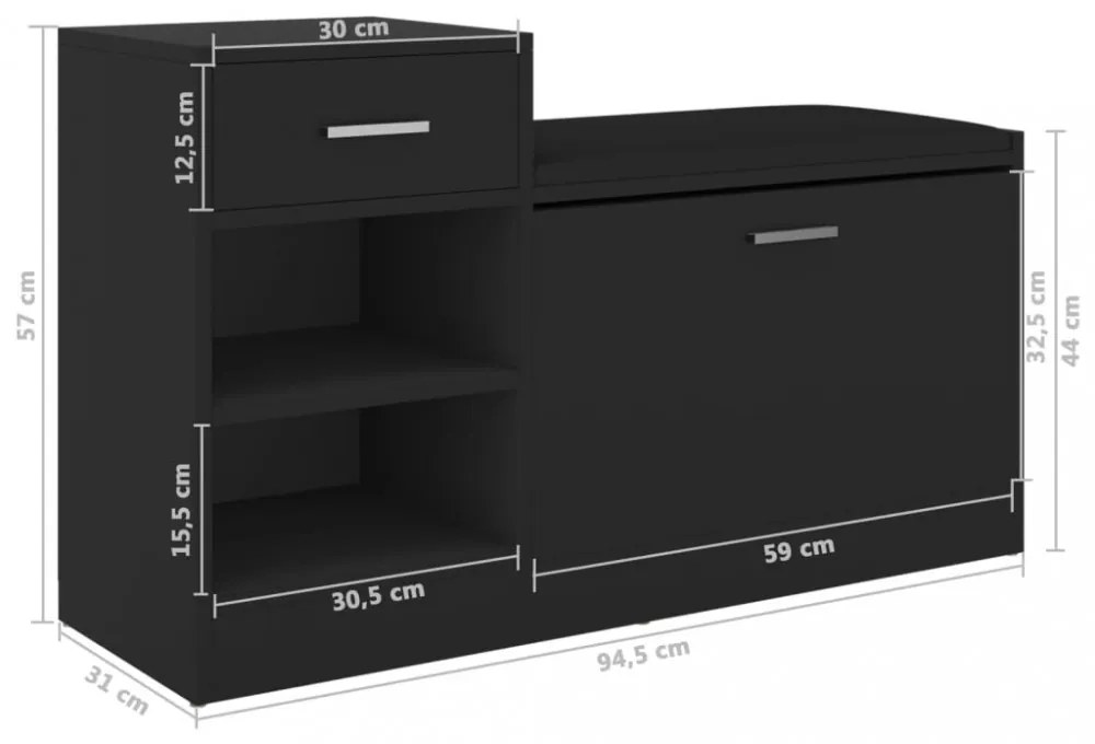 fekete szerelt fa cipőtároló pad 94,5 x 31 x 57 cm