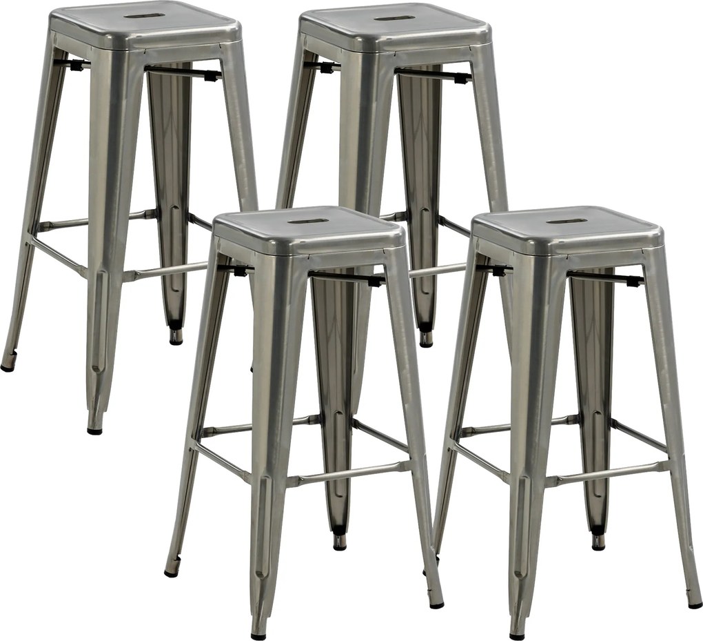 HOMCOM 4 Darabos Stacking Ipari Bárszék Készlet Lábpihenővel, 76 cm Magas, Ezüst Fém | Aosom