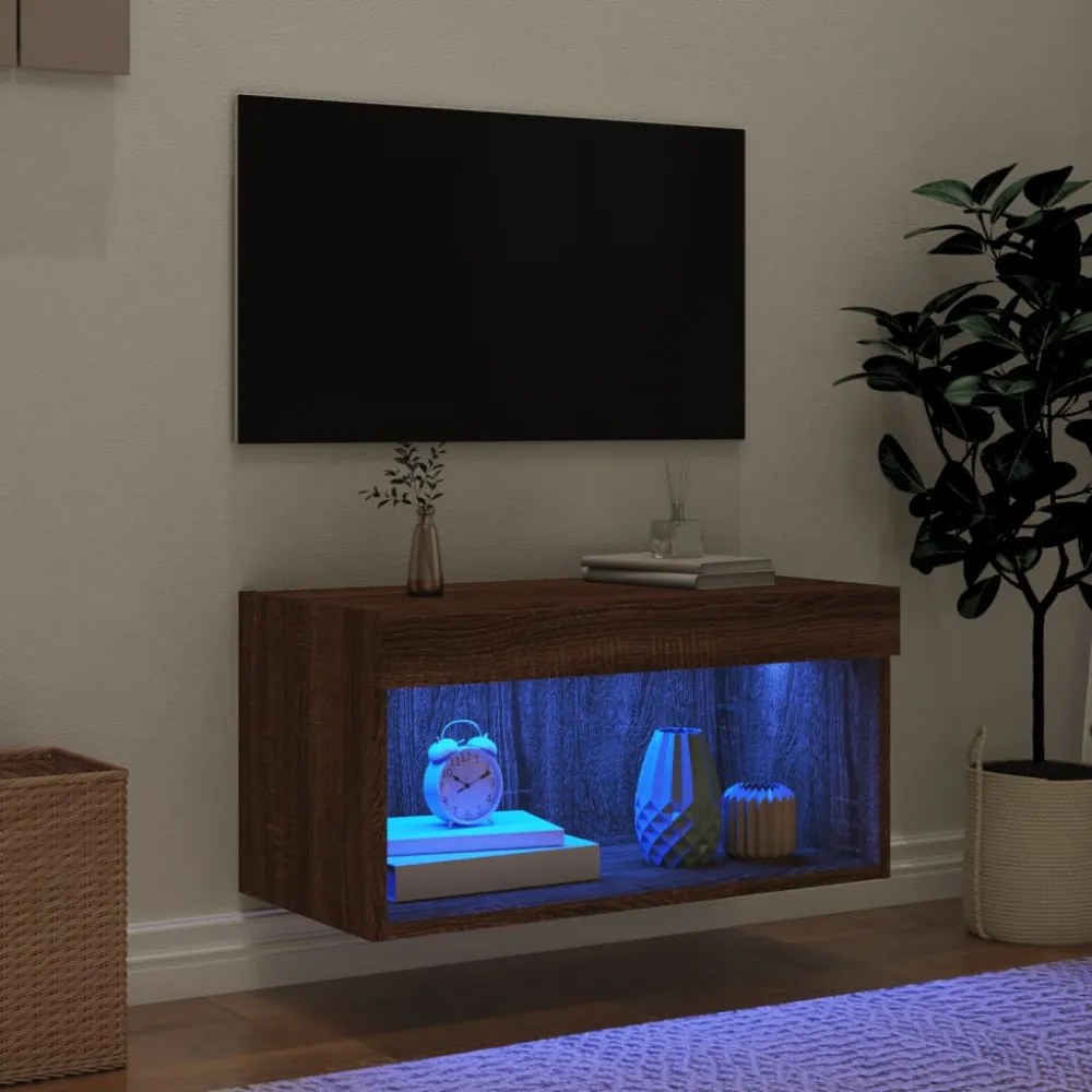 barna tölgy színű TV-szekrény LED-világítással 60 x 30 x 30 cm