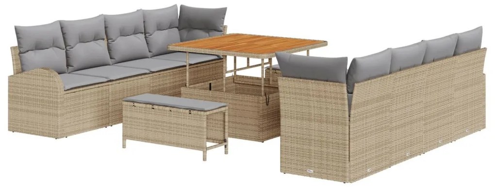 11 Darabos Kerti Sofa Szett Párnákkal Bézs Poli Rattan Akác, 2-személyes Kerti Sofa Tárolóval és Párnákkal Bézs Poli Rattan, 3 Darabos Kerti Étkező Szett Párnákkal Bézs Poli Rattan Akác