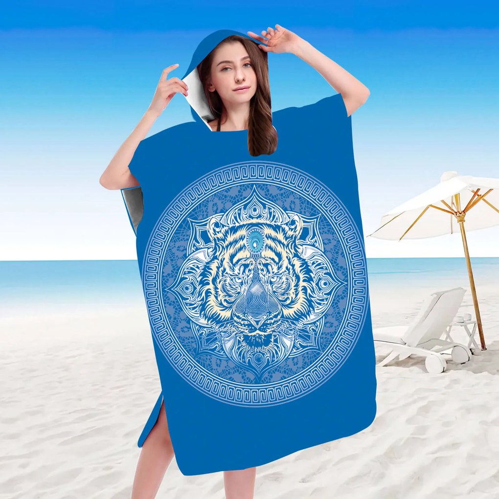 Strandkészlet TIGER – Fürdőlepedő 100×180 cm és poncsó 80×145 cm, kék