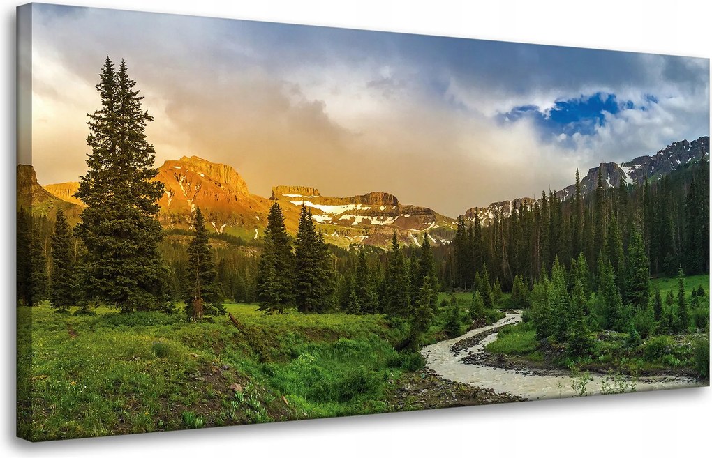 Vászonkép Ösvény a hegyek között Erdő Fák Nap 80x40 cm