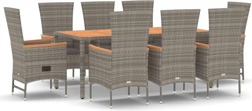 vidaXL 9 részes szürke polyrattan kerti étkezőgarnitúra párnával