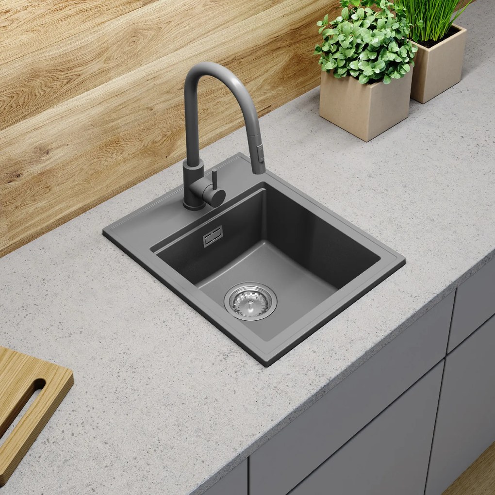 SINK Quality Mosogató Minőségi Ferrum Új 4050, 1 kamrás gránit mosogató 400x500x185 mm + króm szifon, szürke, SKQ-FER.4050.GX