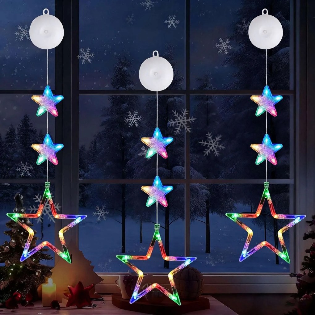 LED-es karácsonyi fényfüzér ablakra csillag tapadókorongokkal 3db-os szett