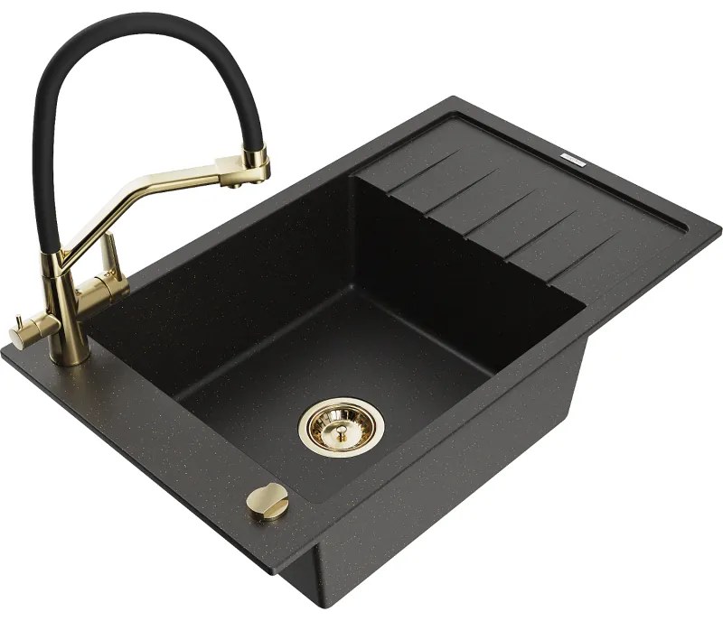 Mexen Elias 1-medencés gránit mosogató csepptálcával és Duo konyhai csappal, fekete/arany metál - 6511-75-671701-57-G
