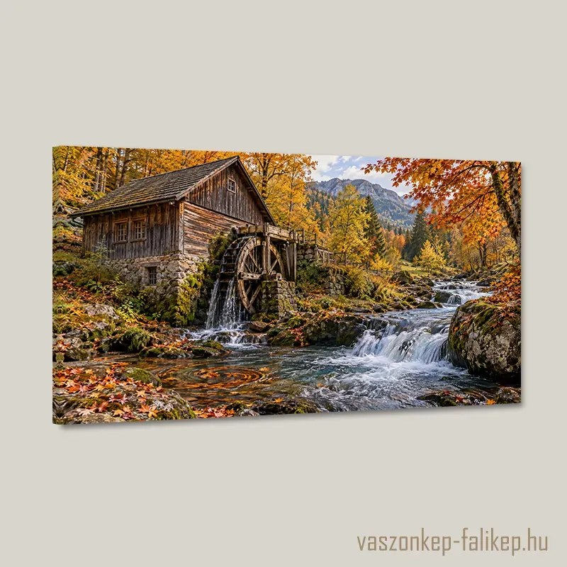Őszi vízimalom – prémium vászonkép 40x23 cm