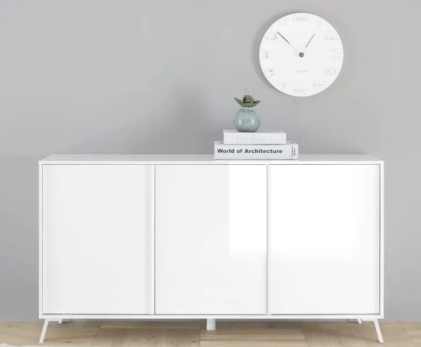 CITY Háromajtós komód, fehér, magasfényű lakkozott vázzal és előlapokkal