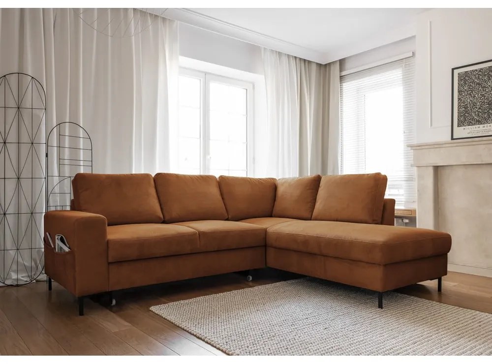Narancssárgásbarna kordbársony kinyitható sarokkanapé (jobb oldali) Lofty Lilly – Miuform
