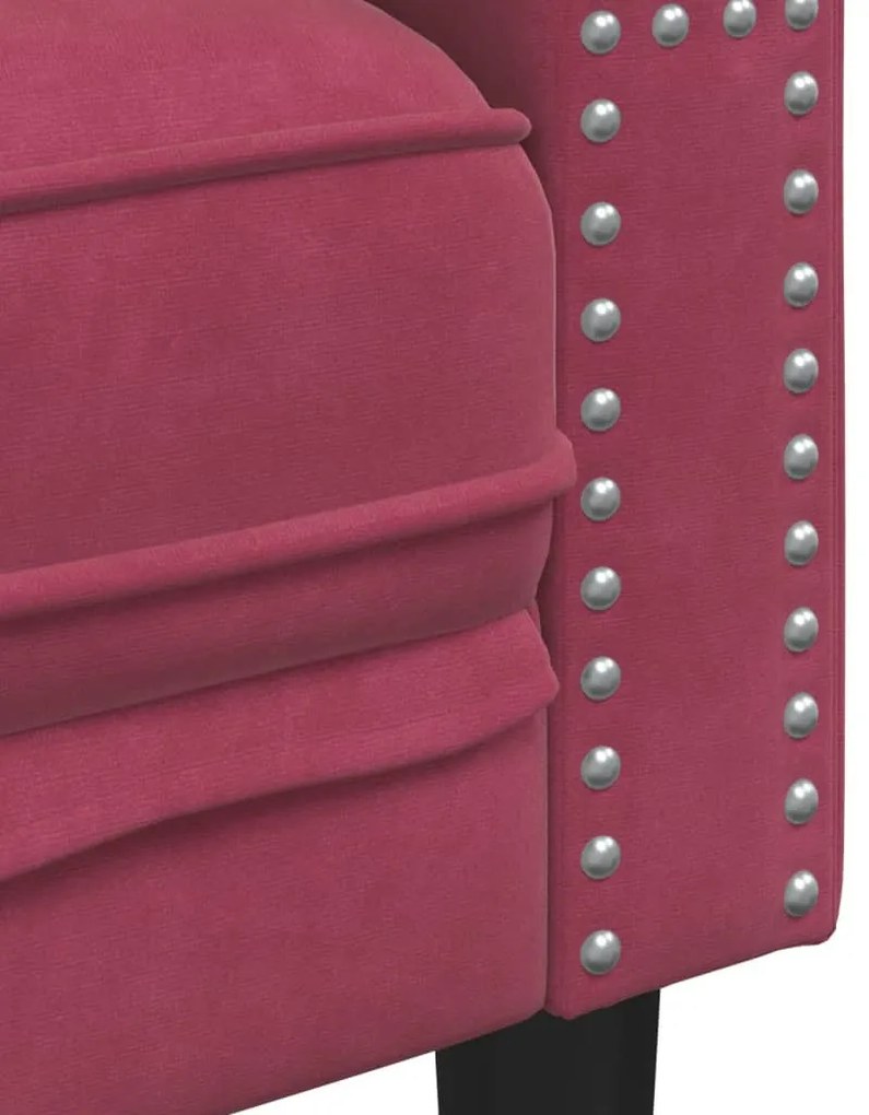 2 személyes bordó bársony Chesterfield kanapé hengerpárnákkal
