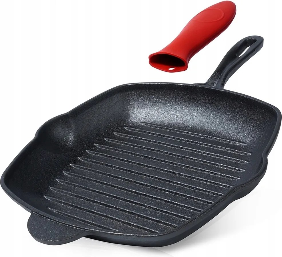 Nagy, Négyzet Alakú Öntöttvas Grillserpenyő Indukciós Szilikon Rátéttel