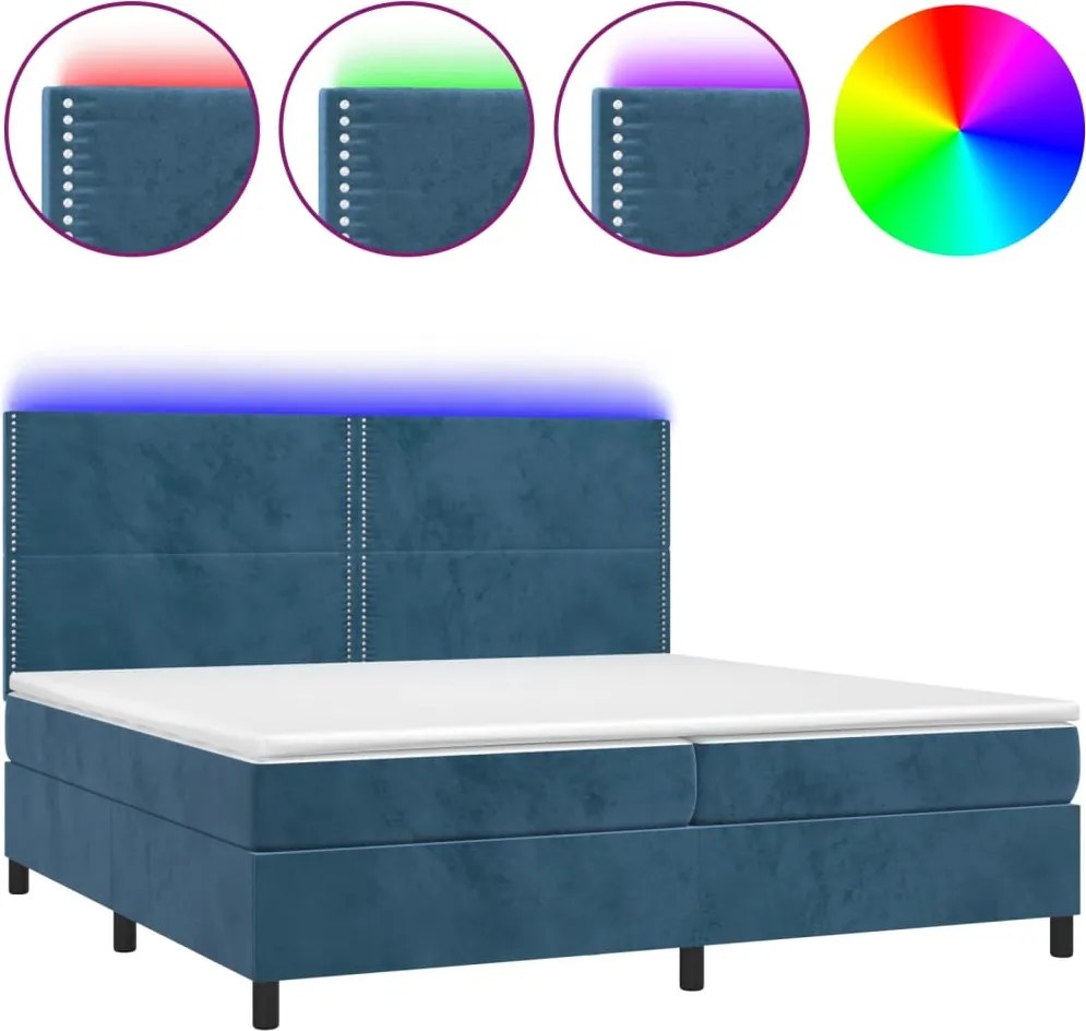 vidaXL sötétkék bársony rugós és LED-es ágy matraccal 200x200 cm