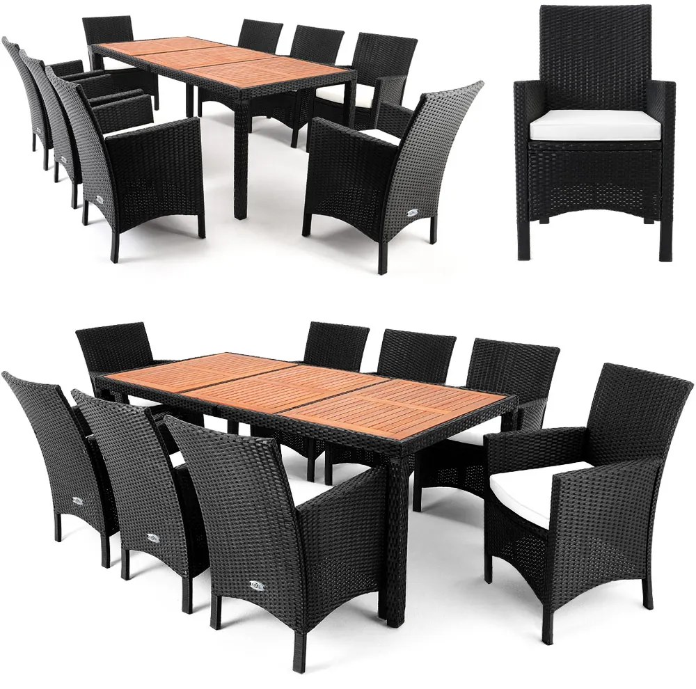 Casaria® Kerti rattan garnitúra Berlin 1+8 - fekete/fa