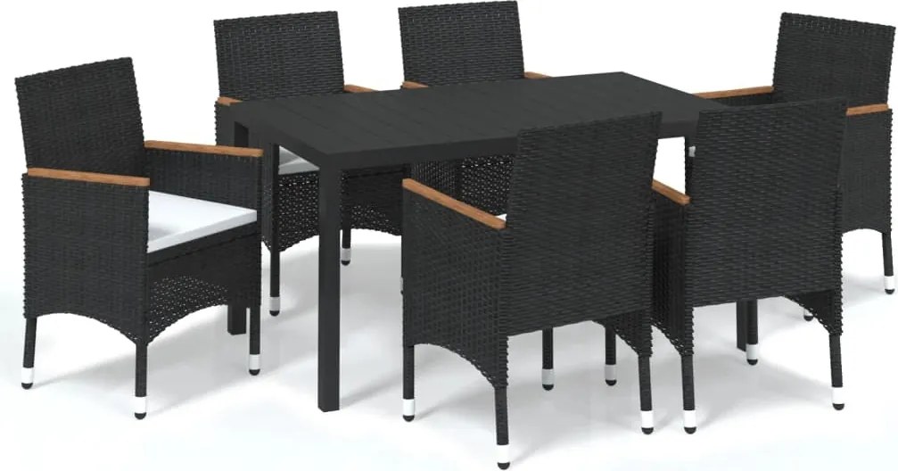 vidaXL 7 részes fekete polyrattan kerti étkezőgarnitúra párnákkal