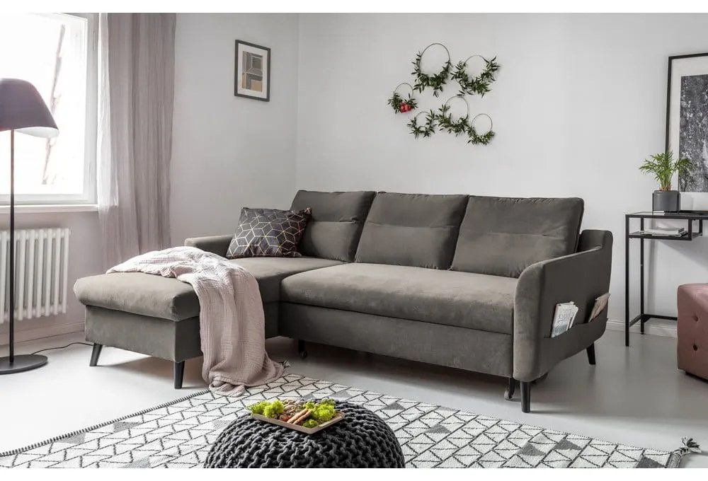Stylish Stan sötétszürke kinyitható bársony sarokkanapé, bal oldali - Miuform