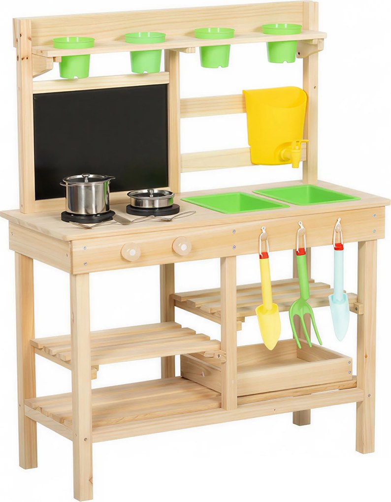 AIYAPLAY kültéri játékkonyha — fa mosogató, virágládák, krétatábla, polcok (3–6 év) | Aosom