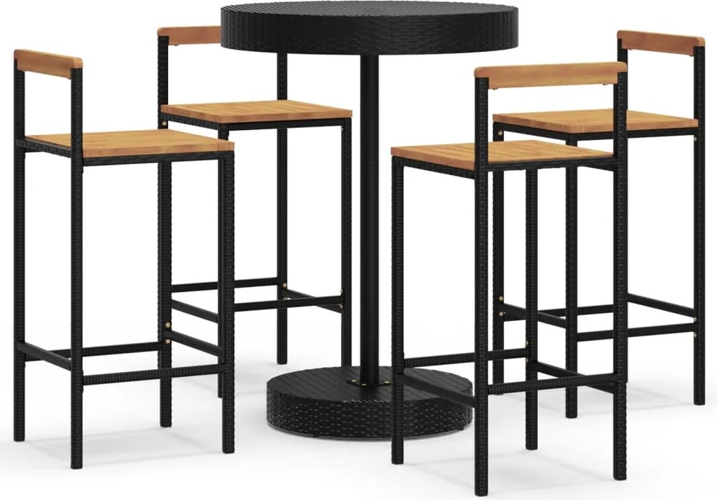 vidaXL 5 részes fekete polirattan és tömör akácfa kerti bárszett