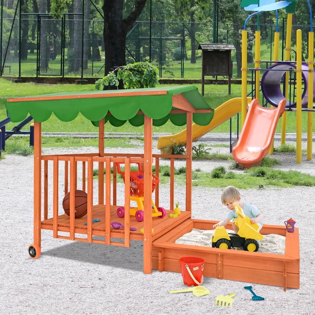 HAPPY verandás homokozó, 130x130x143cm, barna/zöld Jurhan