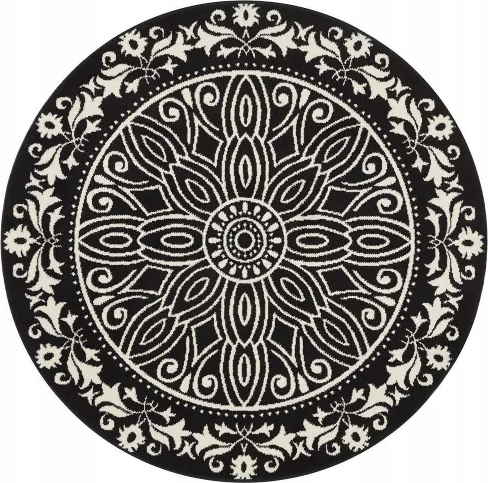 Kerek modern nappali szőnyeg,fekete-krém mintás Mandala 140cm