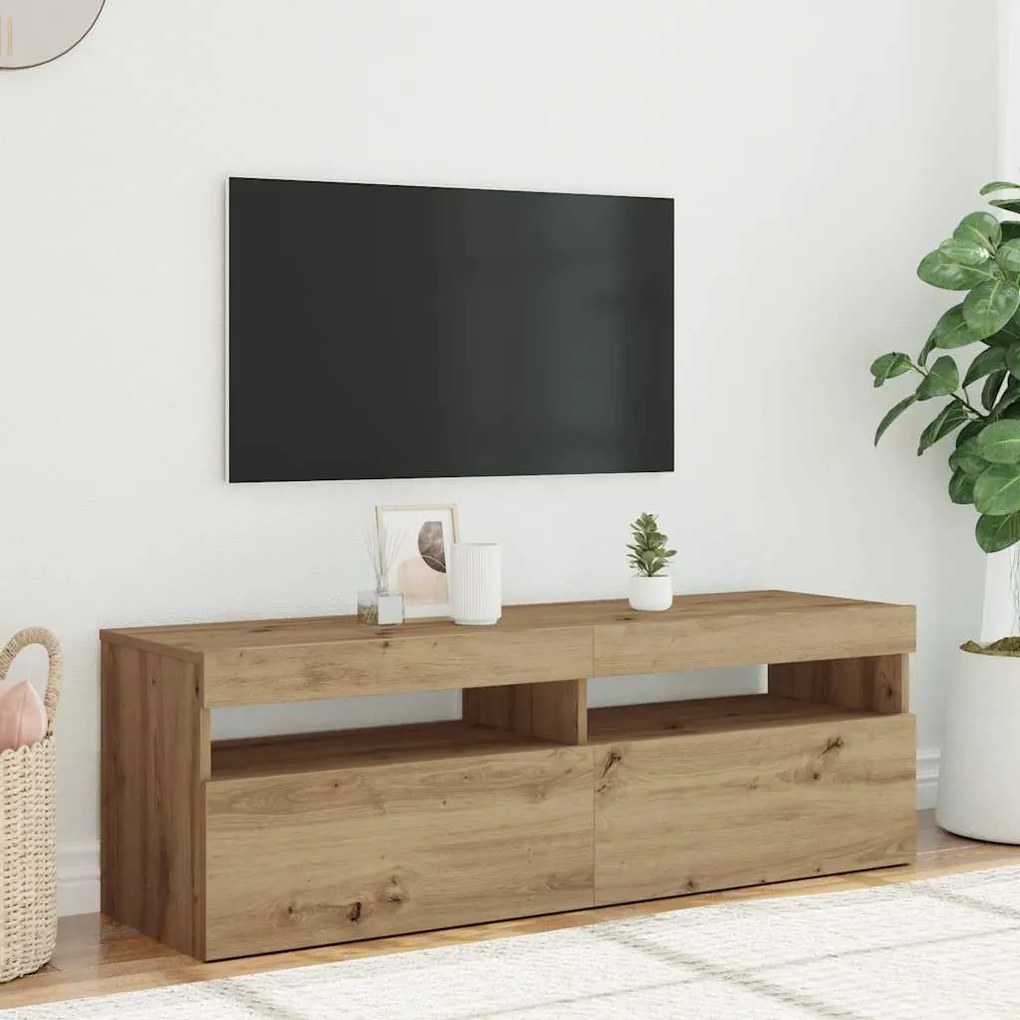 kézműves tölgy szerelt fa TV-szekrény LED-ekkel 120x35x40 cm