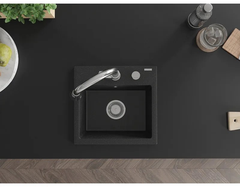 Mexen Milo, 1 kamrás gránit mosogató 435x410x171 mm és Elia mosogató csaptelep, fekete-ezüst metál, 6505-73-670101-00