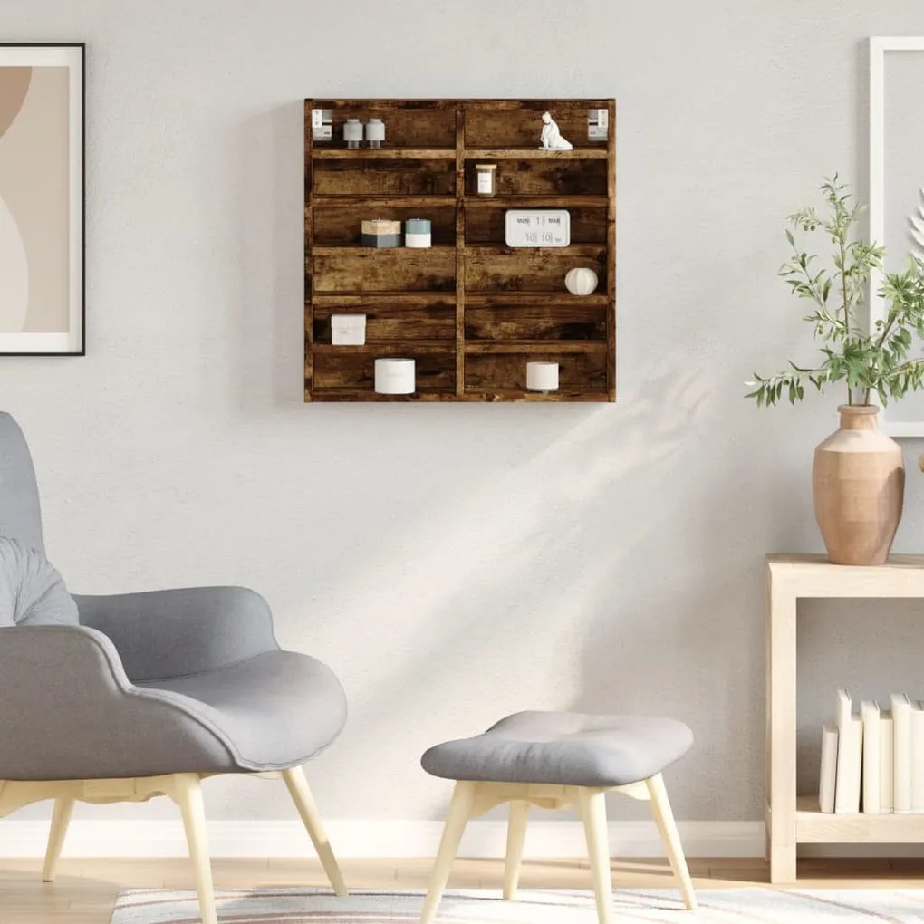 füstös tölgy színű szerelt fa vitrinszekrény 60 x 8,5 x 58 cm