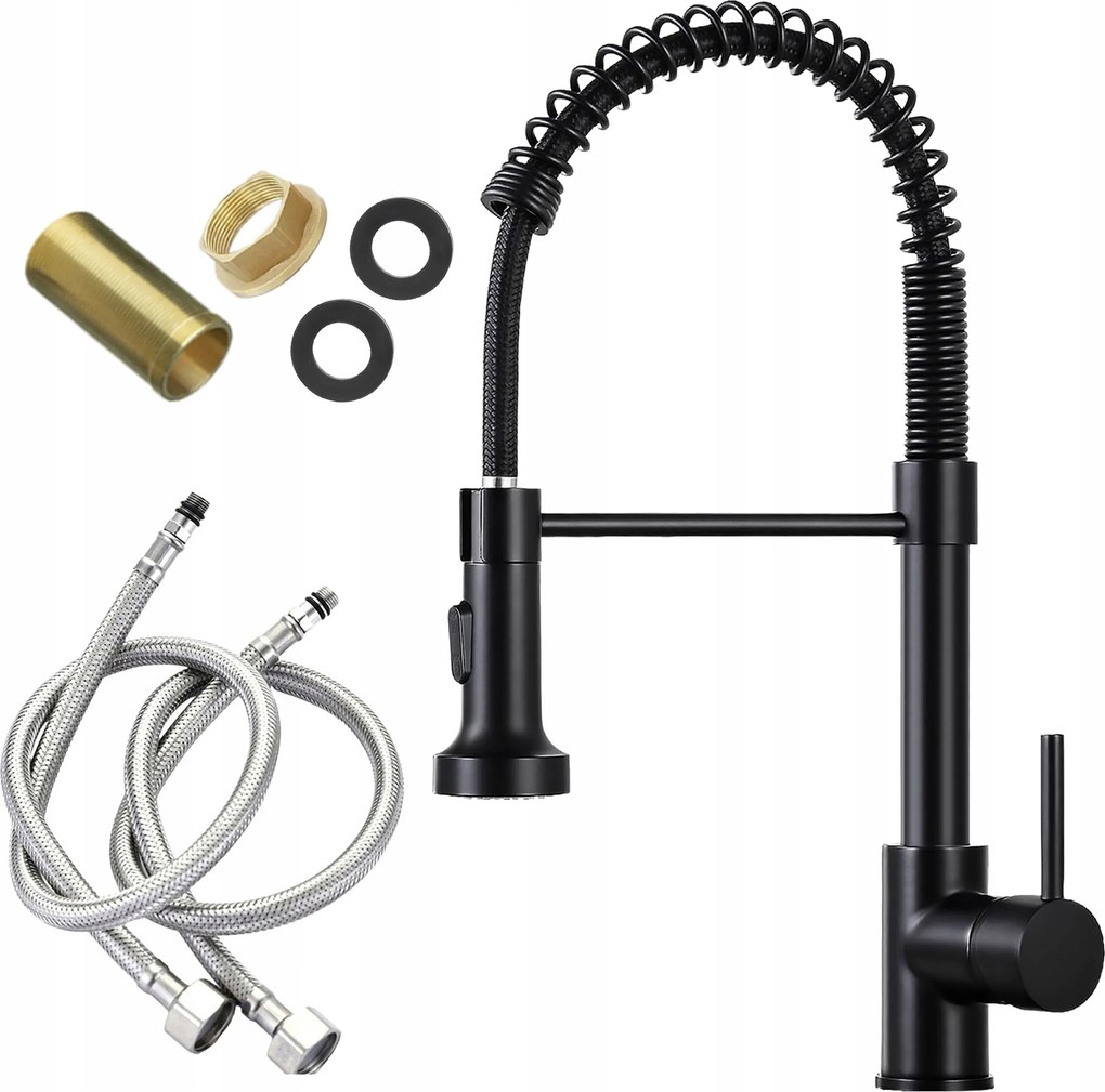 Konyhai Csaptelep Fekete Kihúzható Kifolyócső Flexibilis Rugós Fekete Matt