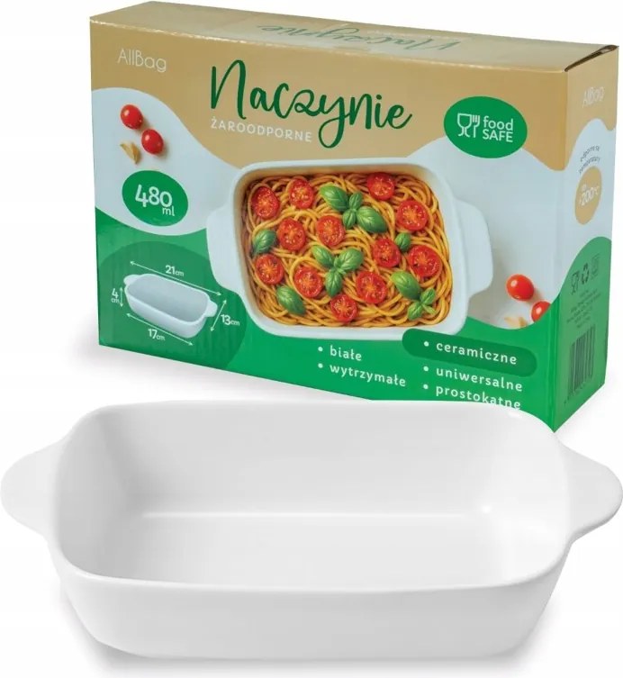 Hőálló edény sütéshez, 480ml, kerámia, téglalap alakú, fehér