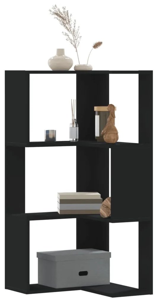 3 szintes fekete szerelt fa sarok könyvespolc 50 x 50 x 102 cm