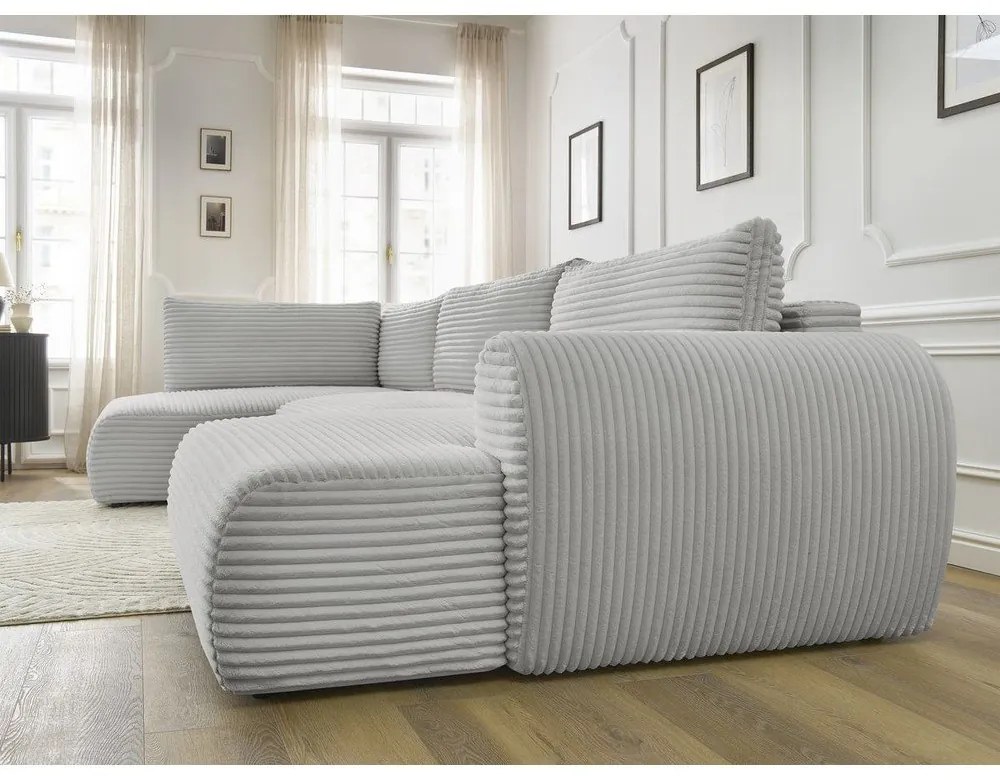 Világosszürke kordbársony kinyitható-tárolóhelyes sarokkanapé (bal oldali-U alakú) Lucien – Bobochic Paris