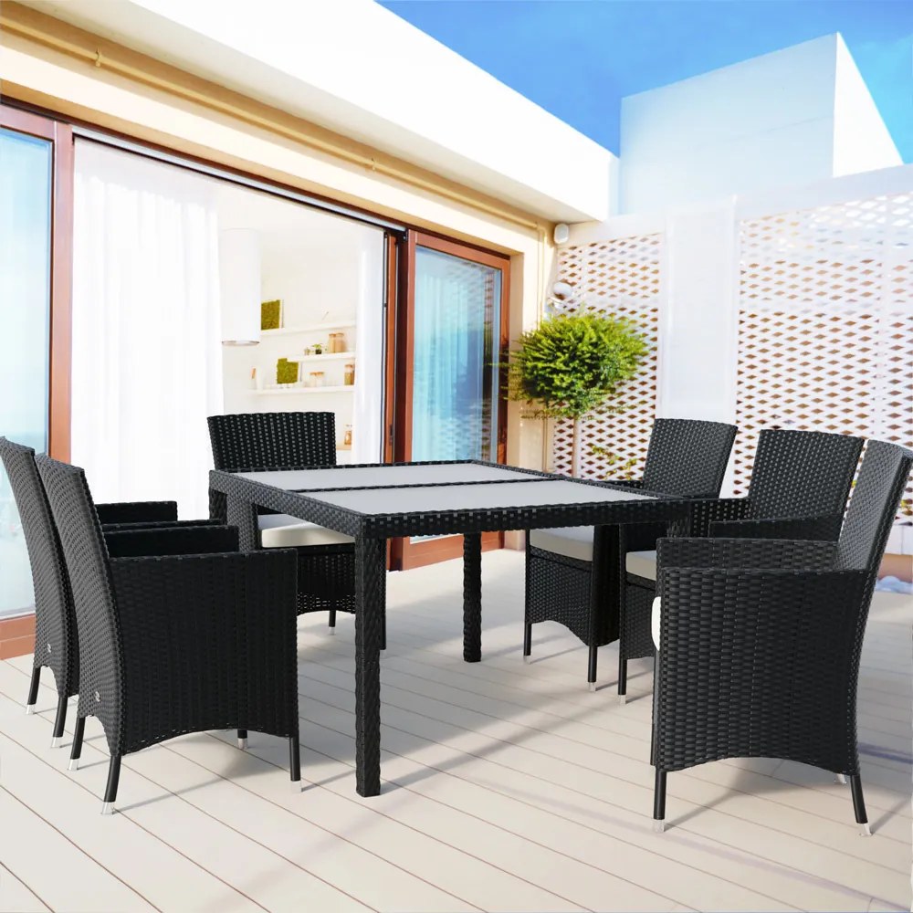 Casaria® Berlin 1+6 kerti polyrattan bútor szett - fekete