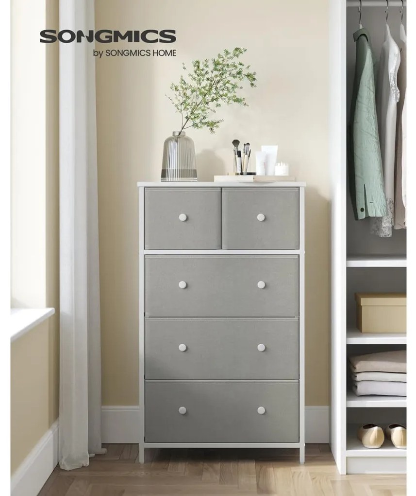 Tároló szekrény öt fiókkal, ruhás szekrény, fehér és világosszürke 30x56x93cm