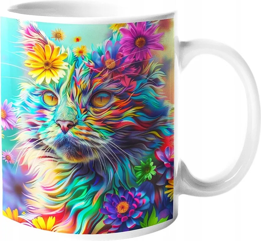 Csodálatos Bögre Macska Virágokkal Páratlan Színek "3D hatás" 330ml.