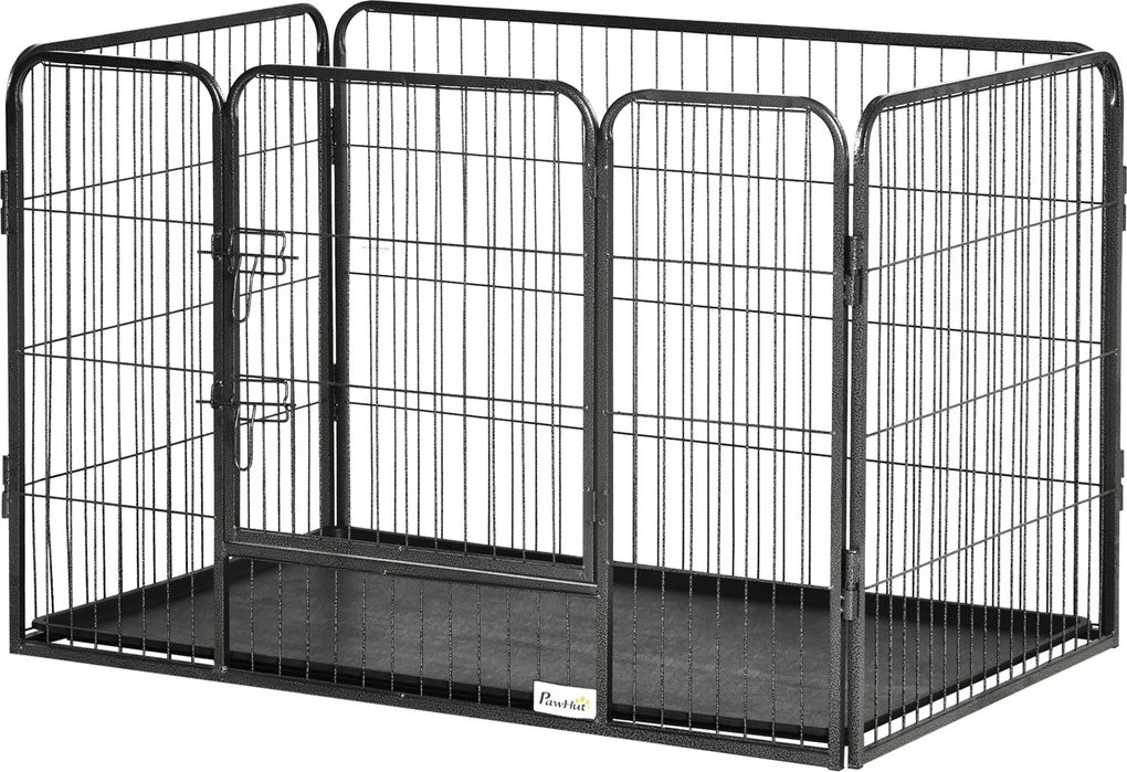 PawHut Téglalap alakú Kiskedvenc Játékkerítés 4 Paneleből Készült Acél 109x74x71 cm-es Dupla Zárral Ellátott Ajtóval és Kivehető Tálcával Kültéri és B