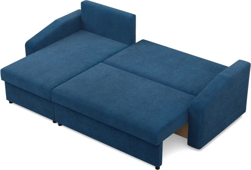 Zeus sarokkanapé, 1 ágyneműtartóval, döntött kartámasz, kordbársony, univerzális oldal, hab töltet, kék