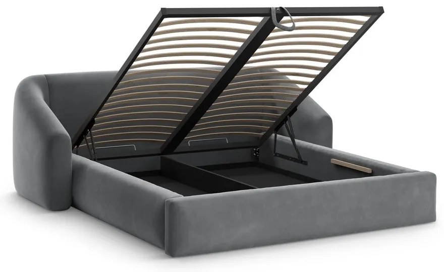 Szürke kárpitozott ágyneműtartós franciaágy ágyráccsal 180x200 cm Campi – Cosmopolitan Design