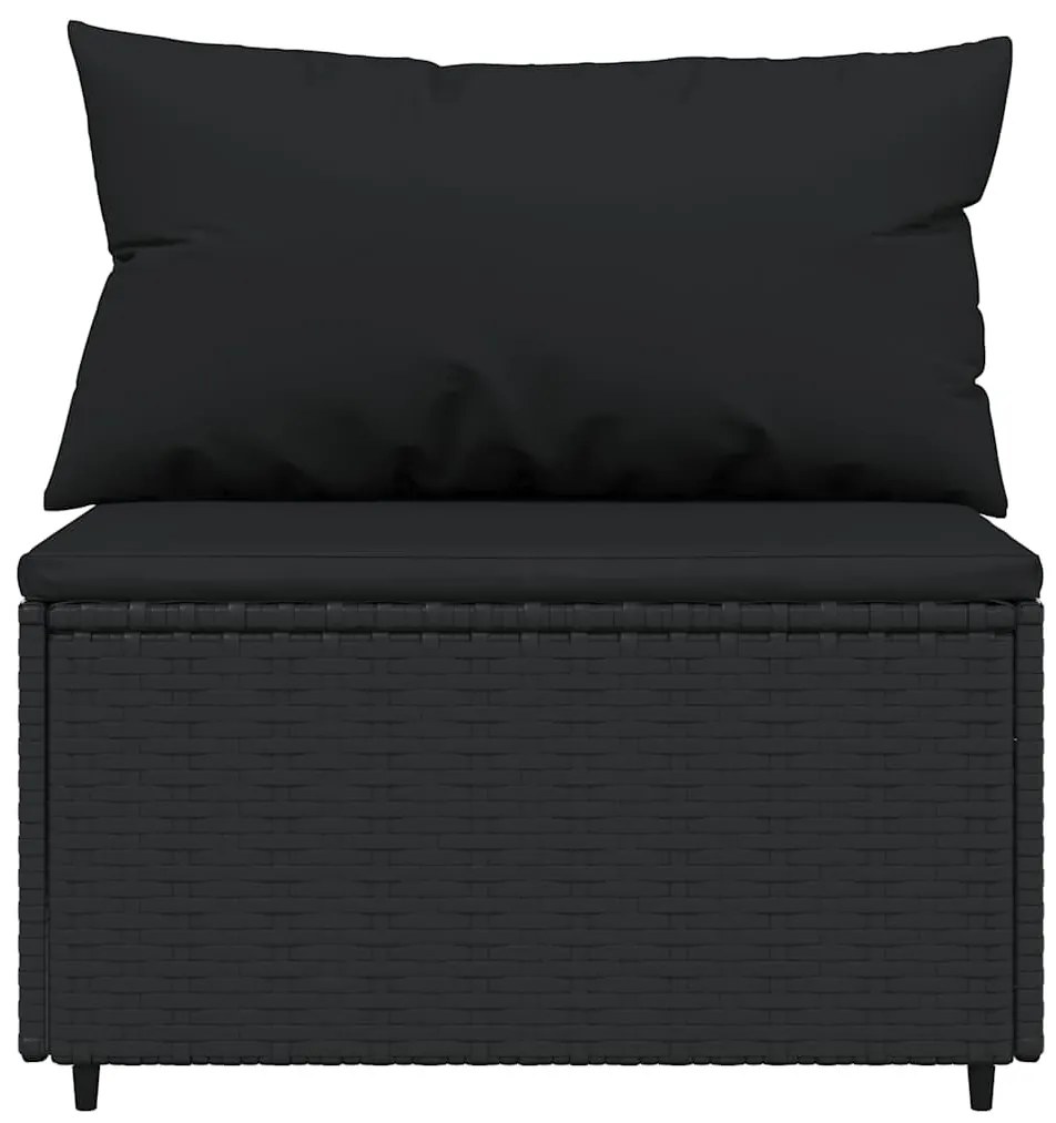 Fekete polyrattan kerti középső kanapé párnákkal