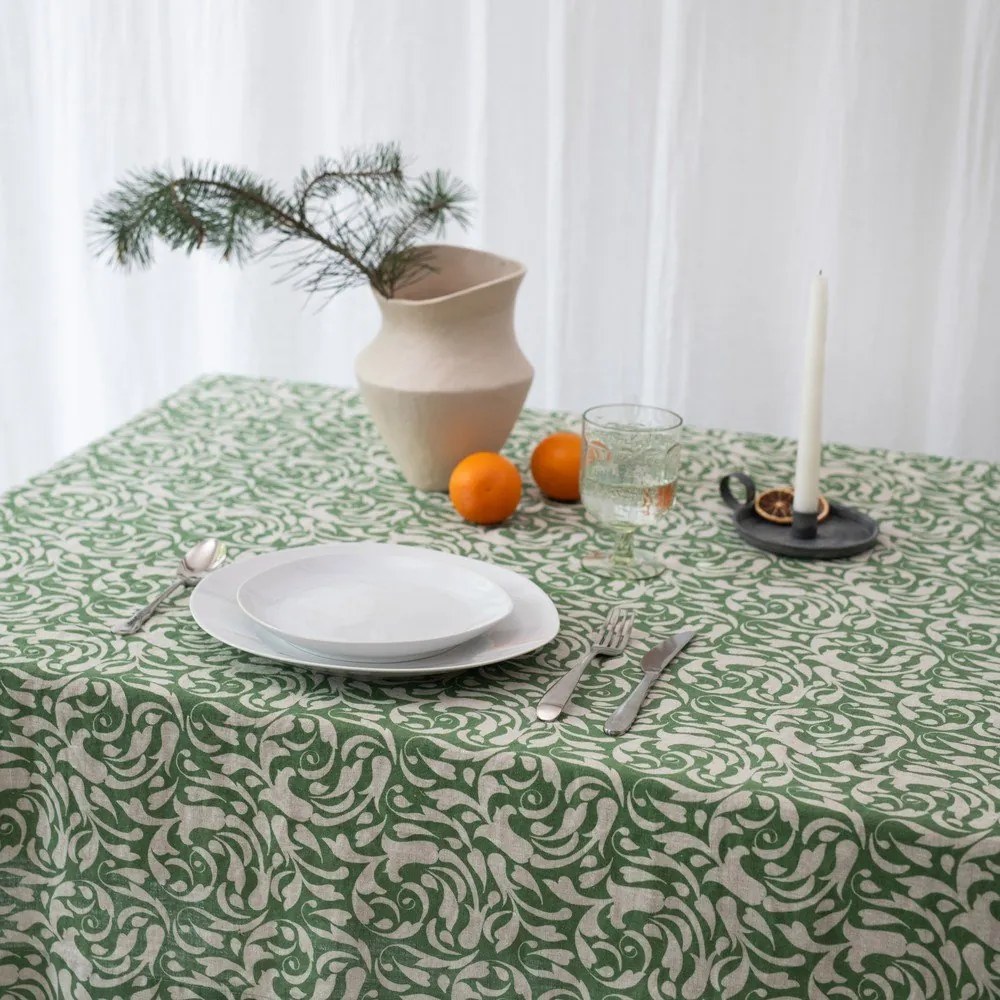 Len asztalterítő 140x140 cm Evergreen Damask – Linen Tales