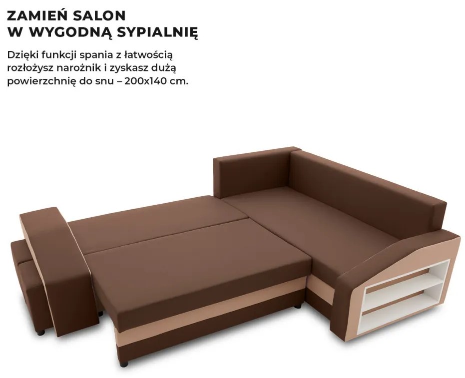 Grande sarokkanapé polcokkal és puffokkal , polc a jobb karfaban puffok a bal karfaban, jobboldali, szövet anyag, bonell töltet, barna